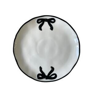 Hand Painted Coquette Black Bow Salad Plates 9in White Ceramic Set of 4 NEW